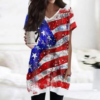 Womens Tops V-neck Short Sleeve Blouses Casual Mid-length Shirts Fashion Independence Day Print Tunic Tops With Pockets L mėlyna
