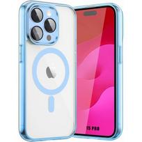 Case for iPhone 15 Pro - Rigid Protection - Transparent - Blue Outline - Magnetic Ring - Tempered Glass mėlyna