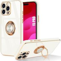 Silicone Case - for iPhone 15 Pro - White - Shockproof - 360° Rotating Ring - Vertical Stand balta