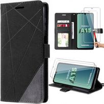 Coque pour Samsung Galaxy A15 5G - Noir - Cuir PU - 2 Verres Trempés - Support Multi-Positions juoda
