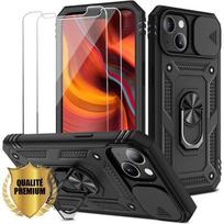 Case for iPhone 13 - Black - Rigid - Shockproof - Ring Stand - 2 Tempered Glasses juoda