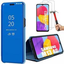 Case for Samsung Galaxy M13 + 2 Tempered Glasses. Translucent Blue Mirror Effect Case