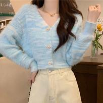 Rainbow Striped V-neck Knitted Cardigan Women's Short High Waisted Sweater Small and Chic Stunning Top M violetinė