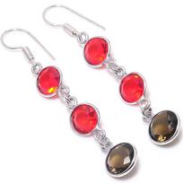 Natural Smoky Topaz, Garnet Gemstone 925 Sterling Silver Earring 2.36  N6J45