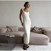 Elegant Knitted Long Dress Women Sleeveless Backless Slim A-line Solid Color Dresses S balta
