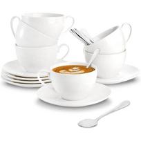 Espresso Cups with Saucers and Spoons, 6 oz White Tea Cup Set, Porcelain Coffee Cup and Saucer Set with Stainless Steel Spoon Set of 6