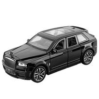 1/32 mastelio „Rolls Cullinan“ prabangus visureigis, lydinio lieto metalo modelis, su garsu ir šviesa, vaikams skirta žaislinė mašina, centrinės konsolės papuošalas, vaiko dovana juoda