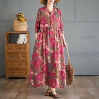 Printed Loose Belly Shading Mulle Lace Long Sleeve Hem Long Dresses L
