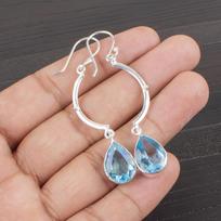 Sky Blue Topaz Gemstone Silver Jewelry, 925 Sterling Silver Earrings, Handmade Beautiful Earrings For Wedding Gift 2.60 inches mėlyna
