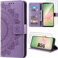 Case for Samsung Galaxy A56 5G - BOOLING - Purple Floral Design Synthetic Leather Protection - 2 Tempered Glass violetinė