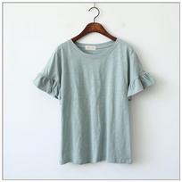 Women's White Ruffle Sleeve Bamboo Cotton Crew Neck T-shirt One Size žalia