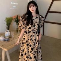 Korean Style Puff Sleeve Floral Midi Dress for Women Large abrikosas