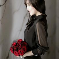 Women's Black Stand Collar Chiffon Blouse - Slimming, See-through, Long Sleeve, Spring/Summer 2025, Sexy Korean OL Style. XL juoda