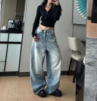 202 New Women's Retro High Waist Wide Leg Jeans - Washed, Slimming, Floor-Length, Light Color Large šviesiai mėlyna spalva