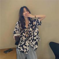 Retro Kikyō Print Women's Summer Shirt, Hong Kong Chic, Harajuku BF Style, Short Sleeve, Gentle Design. Medium gėlės