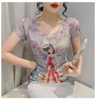 European 2023 Fashion Cartoon Print Slim-Fit Women's T-Shirt L