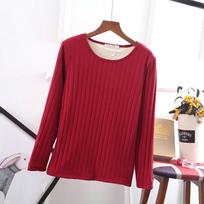 Thick Plus-Size Velvet-Lined Long-Sleeve Ribbed Cotton T-Shirt - Korean Style XL vyno raudonos spalvos