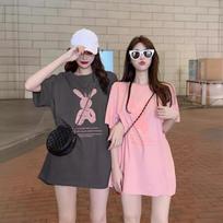 European Style Women's Mid-Length Loose-Fit Hip-Covering Half-Sleeve T-Shirt L (95-120 jin) tamsiai pilka spalva
