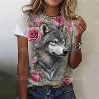 Wolf 3D printed women's T-shirt, Gothic summer fashion animal T-shirt, round neck short sleeved T-shirt, hip-hop T-shirt, large women's clothing 2XS gray
