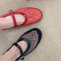 Round head fishing net grid hollow ballet flats women's spring and summer word belt Mary Jane single shoes sandals 36 raudona