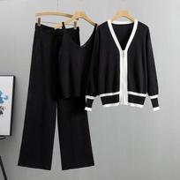 Pavasario ir rudens moteriškas megztas rinkinys Slim Tide megztas megztinis Camisole plačios kelnės trijų dalių kostiumas One Size juoda
