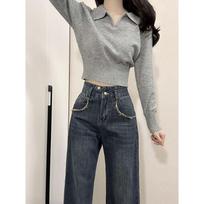 New Lapel Losoe Slim Fit Knitted Sweater Women Short Tops Pullover Spring Autumn Thin Bottoming Blouse Korean Fashion Casual Simple Office Shirts S pilka spalva