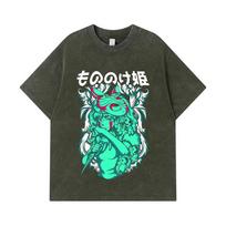 275 GSM Washed T-shirts 100% Cotton Ghibli V5 Princess Mononoke Print Unisex Heavy Cotton T Shirt S armijos žalia spalva
