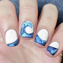 24 Pcs Blue White Press On Nail with Blue White Waves Art Short Square Style Artificial Nail For Fashionable Women 1 white
