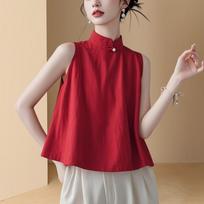 Womens Green Mandarin Collar Sleeveless Blouse Casual Chinese Style Frog Button Top S raudona