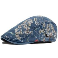 Casual Flower Print Beret Hat Washed Denim Breathable Peaked Cap Adjustable Thin Forward Hat Women Men mėlyna