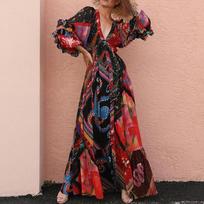 DAFIFY Women's Fashion Fall Winter Bohemia Print Long Sleeve V-Neck Casual Dresses S raudona