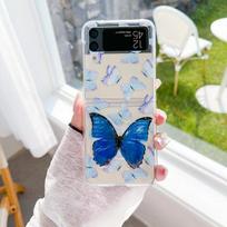 Skirtas „Samsung Galaxy Z Flip 4 3 Case Gradient Butterfly“ dažytas skaidrus smūgiams atsparus sulankstomas kietas nugarėlės dėklas su 3D stovo laikikliu Case and Holder