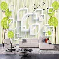 3D Sienų tapetai Modernaus abstraktaus stiliaus Žali medžiai ir paukščiai Geometriniai sienų tapetai Svetainės TV foninė siena Namų dekoravimas 250cm(W) x 180 cm(H) white