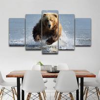 Drobės paveikslai Svetainės atspaudai Rudojo lokio plakatai Rėmas 5 dalys Pliaukšėjantis vanduo Grizlio lokio nuotraukos Sienų menas Namų dekoras 20x35cm*2  20x45cm*2  20x55cm*1 gray