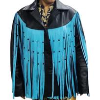 Noor Moteriška Odinė Tassal Striukė | Black & Sky Blue Spalva Fringe Western moteriška striukė | Dizainerio karoliukų striukė | Speciali dovana moterims XS