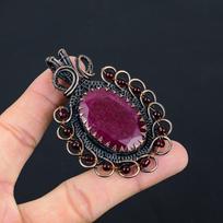 Gorgeous Red Ruby Gemstone Pure Copper Wire Wrapped Handmade Pendant Jewelry 2.95 Inches raudona