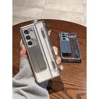 Skirta Samsung Z Fold 5 Z Fold 4 Z Fold 3 5G permatomas dėklas prabangus padengtas PC vyrių apsauga su ekrano plėvelės stovo dėklo dangteliu For Galaxy Z Fold 5 sidabras