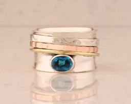 925 Sterling Silver Ring, Blue Topaz Ring, Spinner Ring, Meditation Ring, Three Tone Designer Ring, Spinner Band, Handmade Jewelry 6