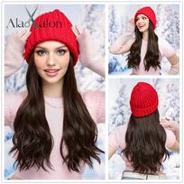 ALAN EATON Hat wigs Cap Long Dark Brown Wavy Wig Connect Winter Knitted Beanie Hat Heat Resistant Hair Pieces Hair Extensions red