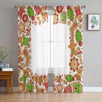 Christmas Curtains Gingerbread Man Tulle Curtains For Living Room Bedroom Chiffon Sheer Voile Kitchen Curtain 135W x 114H(cm)