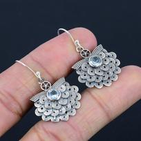 Natural Blue Topaz Gemstone Earrings, 925 Sterling Silver, Star Flower Design, Handmade Dangle Drop Earring Jewerly Gift For Valentine's Day mėlyna