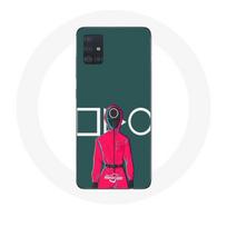Coque Samsung Galaxy A51 Squid Game Soldat Rouge avec Masque Cercle Fond Vert raudona