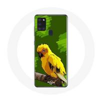 Coque Samsung Galaxy A21S Perruches perroquets Jaune Fond Bleu geltona
