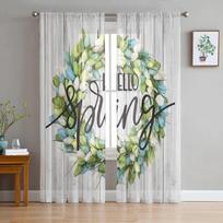 Spring Tulips Wreath Wood Grain Sheer Curtains For Living Room Bedroom Kids Room Tulle Window Treatment Drapes 135W x 114H(cm) white