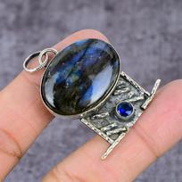 Natural Labradorite, Blue Topaz Gemstone 925 Sterling Silver Pendant 2.27  v7R99