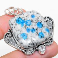 Natural K2 Blue Azurite, White Topaz 925 Sterling Silver Pendant 2.05  E6H12