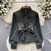 Women's Retro Lace-up Waist Hugging Shirt Long Sleeve Top Temperament Outerwear European Goods Popular One Size žalia