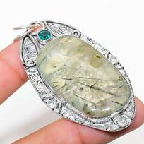 Natural Prehnite, Blue Topaz Gemstone 925 Sterling Silver Pendant 2.80  P8V92