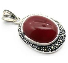 Lady's Elegant Natural oval 30*20mm Red JADE 925 Sterling Silver Marcasite Pendant