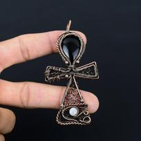 Black Onyx & Moonstone Gemstone Handmade Pure Copper Wire Wrap Jewelry Pendant For Memorial Day 2.46 Inches juoda